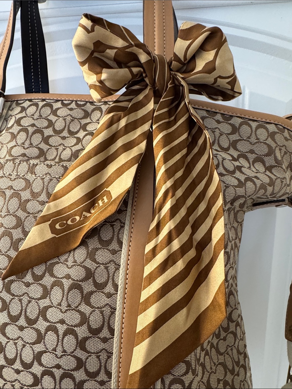 NWOT Coach Monogram Canvas Shoulder Tote with Tan Leather and Gold Stripe Scarf - Picture 2 of 16